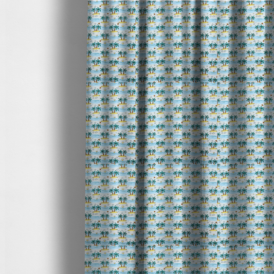 The fabric used to create these made-to-measure curtains is a repeating pattern of cartoon tropical islands with palm trees, blue ocean waves, clouds, and suns on a light blue background.
