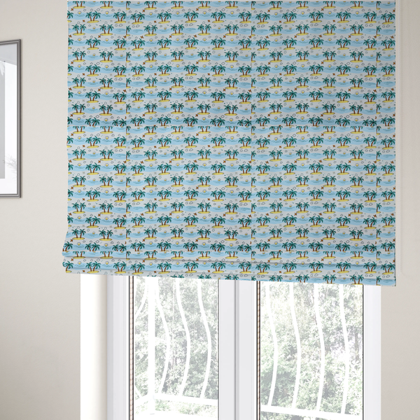The fabric used to create these Roman blinds is a repeating pattern of cartoon tropical islands with palm trees, blue ocean waves, clouds, and suns on a light blue background.