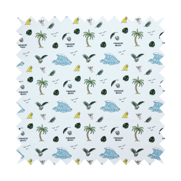 A playful pattern of ocean waves, palm trees, surfboards, and tropical leaves on a light background.