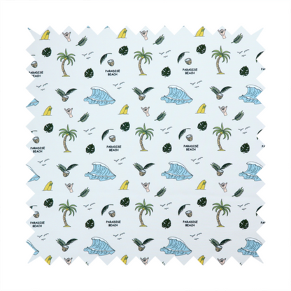 A playful pattern of ocean waves, palm trees, surfboards, and tropical leaves on a light background.