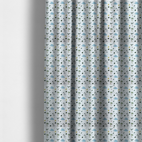 The fabric used to create these made-to-measure curtains is a playful pattern of ocean waves, palm trees, surfboards, and tropical leaves on a light background.