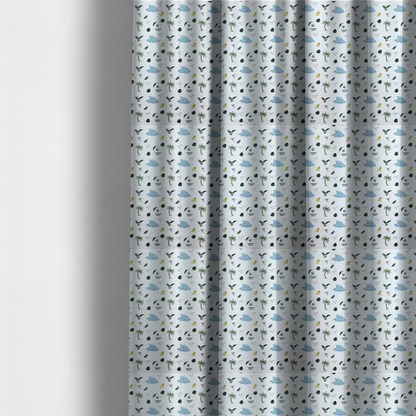 The fabric used to create these made-to-measure curtains is a playful pattern of ocean waves, palm trees, surfboards, and tropical leaves on a light background.