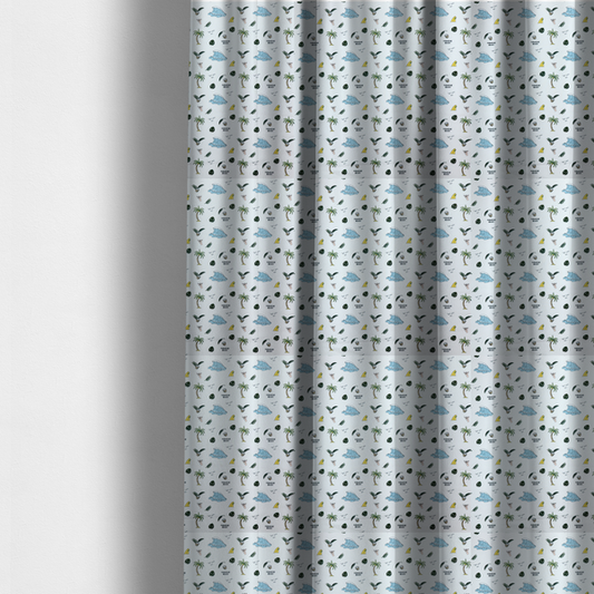 The fabric used to create these made-to-measure curtains is a playful pattern of ocean waves, palm trees, surfboards, and tropical leaves on a light background.