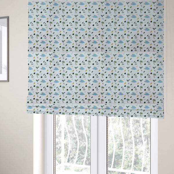 The fabric used to create these Roman blinds is a  playful pattern of ocean waves, palm trees, surfboards, and tropical leaves on a light background.