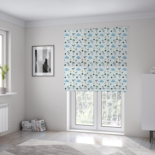 The fabric used to create these Roman blinds is a  playful pattern of ocean waves, palm trees, surfboards, and tropical leaves on a light background.