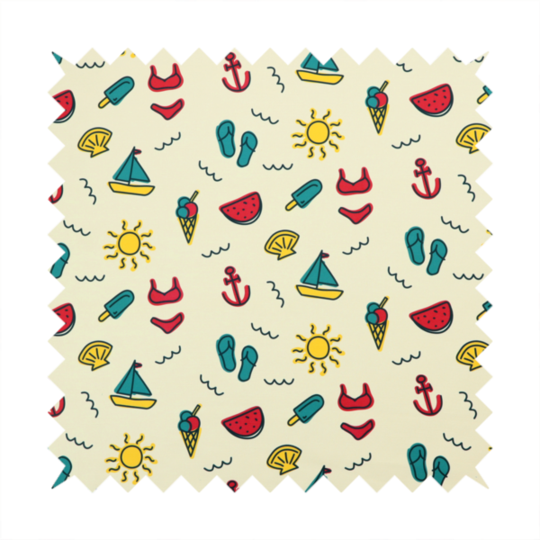 A summer vacation pattern on a light cream background, featuring repeating rows of teal, yellow, and red beach icons including sailboats, bikinis, flip-flops, ice cream cones, suns, watermelons, anchors, and seashells.