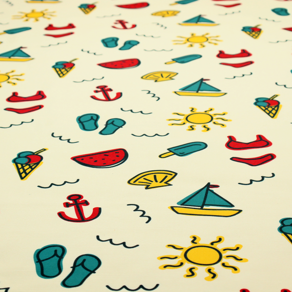 A summer vacation pattern on a light cream background, featuring repeating rows of teal, yellow, and red beach icons including sailboats, bikinis, flip-flops, ice cream cones, suns, watermelons, anchors, and seashells.