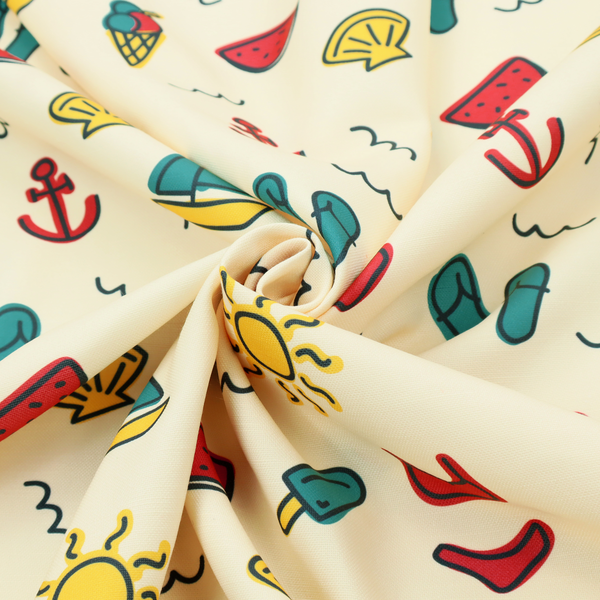 A summer vacation pattern on a light cream background, featuring repeating rows of teal, yellow, and red beach icons including sailboats, bikinis, flip-flops, ice cream cones, suns, watermelons, anchors, and seashells.