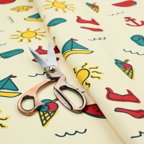 A summer vacation pattern on a light cream background, featuring repeating rows of teal, yellow, and red beach icons including sailboats, bikinis, flip-flops, ice cream cones, suns, watermelons, anchors, and seashells.