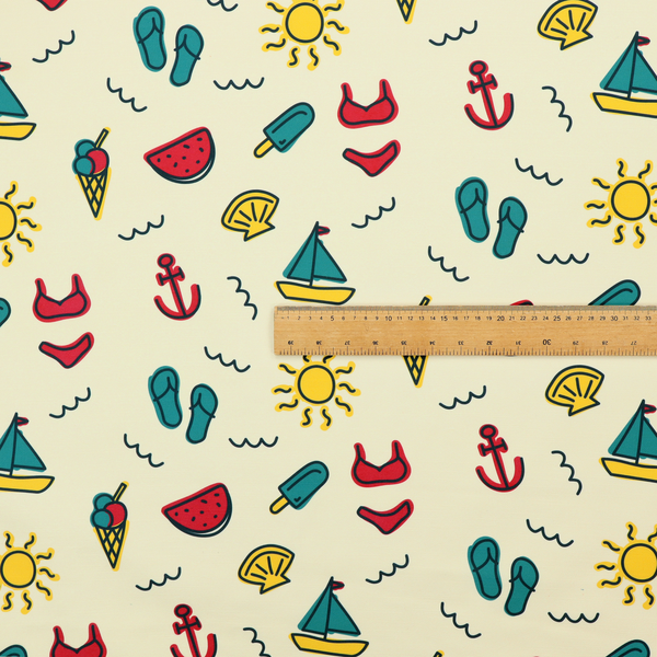 A summer vacation pattern on a light cream background, featuring repeating rows of teal, yellow, and red beach icons including sailboats, bikinis, flip-flops, ice cream cones, suns, watermelons, anchors, and seashells.