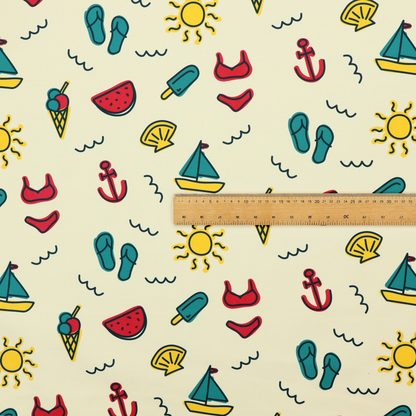 A summer vacation pattern on a light cream background, featuring repeating rows of teal, yellow, and red beach icons including sailboats, bikinis, flip-flops, ice cream cones, suns, watermelons, anchors, and seashells.