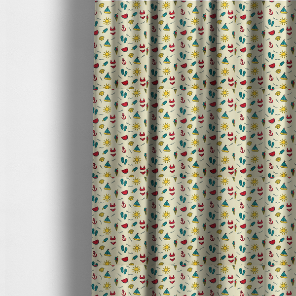 The fabric used to create these made-to-measure curtains is a summer vacation pattern on a light cream background, featuring repeating rows of teal, yellow, and red beach icons including sailboats, bikinis, flip-flops, ice cream cones, suns, watermelons, anchors, and seashells.
