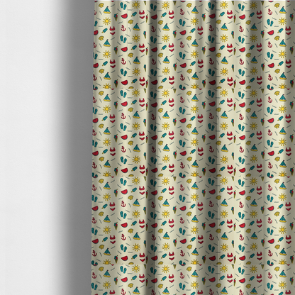 The fabric used to create these made-to-measure curtains is a summer vacation pattern on a light cream background, featuring repeating rows of teal, yellow, and red beach icons including sailboats, bikinis, flip-flops, ice cream cones, suns, watermelons, anchors, and seashells.