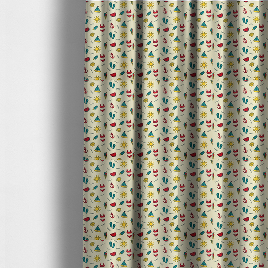 The fabric used to create these made-to-measure curtains is a summer vacation pattern on a light cream background, featuring repeating rows of teal, yellow, and red beach icons including sailboats, bikinis, flip-flops, ice cream cones, suns, watermelons, anchors, and seashells.