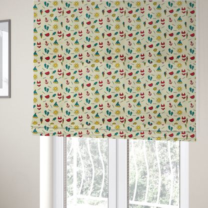 The fabric used to create these Roman blinds is a summer vacation pattern on a light cream background, featuring repeating rows of teal, yellow, and red beach icons including sailboats, bikinis, flip-flops, ice cream cones, suns, watermelons, anchors, and seashells.