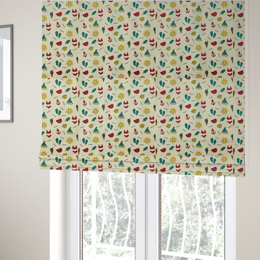 The fabric used to create these Roman blinds is a summer vacation pattern on a light cream background, featuring repeating rows of teal, yellow, and red beach icons including sailboats, bikinis, flip-flops, ice cream cones, suns, watermelons, anchors, and seashells.
