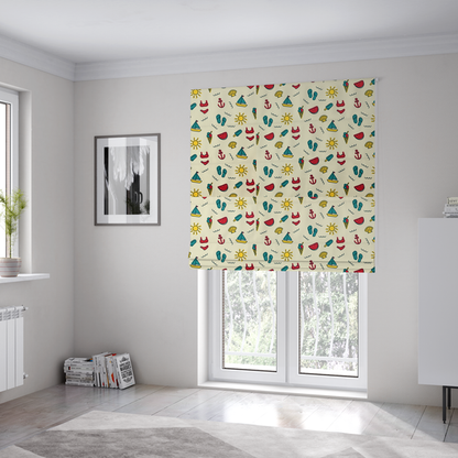 The fabric used to create these Roman blinds is a summer vacation pattern on a light cream background, featuring repeating rows of teal, yellow, and red beach icons including sailboats, bikinis, flip-flops, ice cream cones, suns, watermelons, anchors, and seashells.