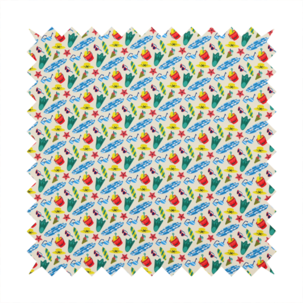 A vibrant, repeating beach-themed pattern on a light cream background, featuring small illustrations of blue and white surfboards, red buckets, green swim flippers, sunglasses, yellow sunhats, starfishes, and popsicles.