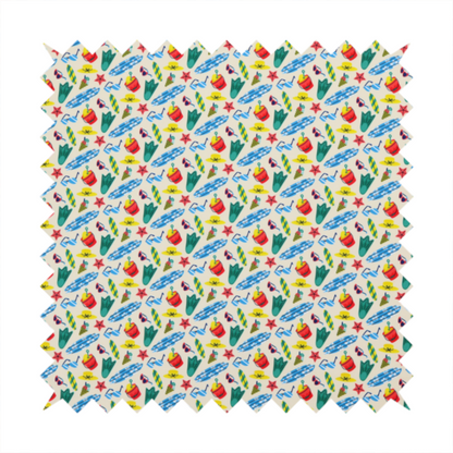 A vibrant, repeating beach-themed pattern on a light cream background, featuring small illustrations of blue and white surfboards, red buckets, green swim flippers, sunglasses, yellow sunhats, starfishes, and popsicles.
