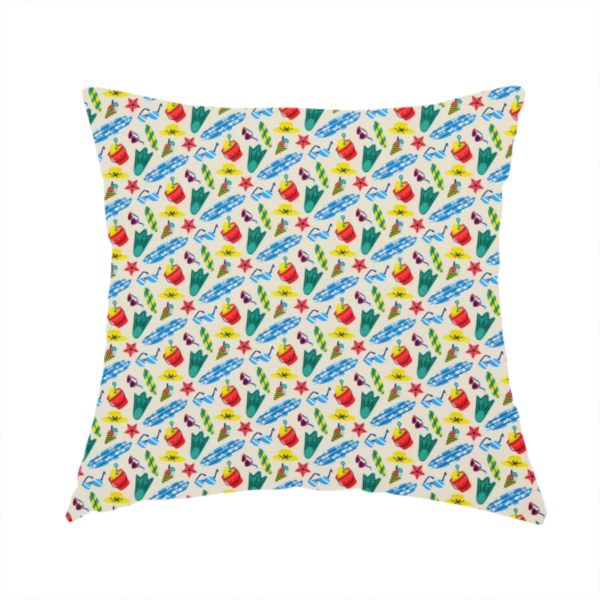 The fabric used to create this handmade cushion is a vibrant, repeating beach-themed pattern on a light cream background, featuring small illustrations of blue and white surfboards, red buckets, green swim flippers, sunglasses, yellow sunhats, starfishes, and popsicles.