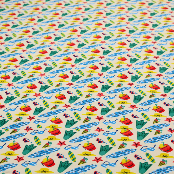 A vibrant, repeating beach-themed pattern on a light cream background, featuring small illustrations of blue and white surfboards, red buckets, green swim flippers, sunglasses, yellow sunhats, starfishes, and popsicles.