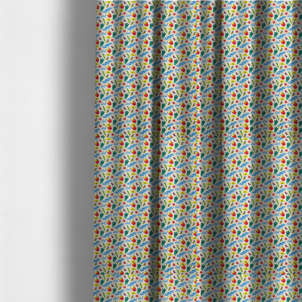 The fabric used to create these made-to-measure curtains is a vibrant, repeating beach-themed pattern on a light cream background, featuring small illustrations of blue and white surfboards, red buckets, green swim flippers, sunglasses, yellow sunhats, starfishes, and popsicles.
