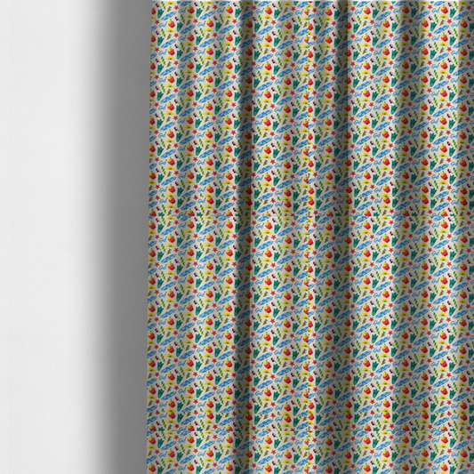 The fabric used to create these made-to-measure curtains is a vibrant, repeating beach-themed pattern on a light cream background, featuring small illustrations of blue and white surfboards, red buckets, green swim flippers, sunglasses, yellow sunhats, starfishes, and popsicles.