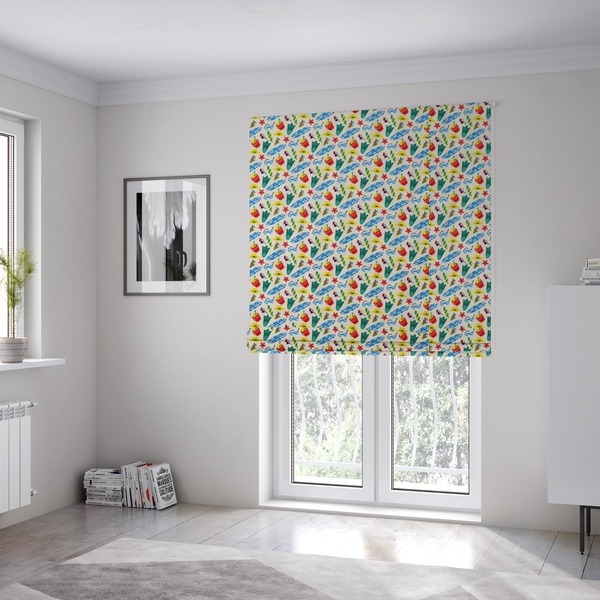 The fabric used to create these Roman blinds is a vibrant, repeating beach-themed pattern on a light cream background, featuring small illustrations of blue and white surfboards, red buckets, green swim flippers, sunglasses, yellow sunhats, starfishes, and popsicles.