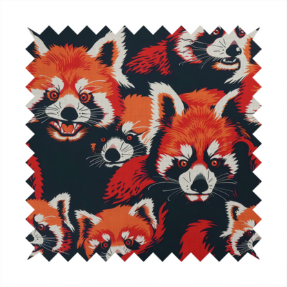 Fabric pattern featuring stylized, vibrant red pandas with white and black facial markings against a dark navy blue background.