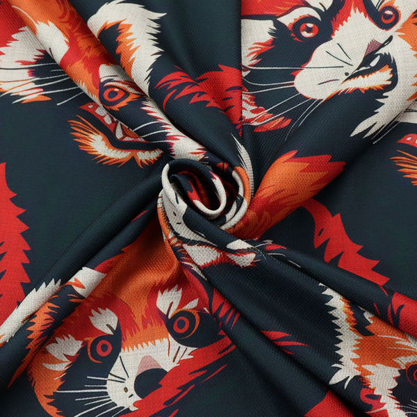 Fabric pattern featuring stylized, vibrant red pandas with white and black facial markings against a dark navy blue background.