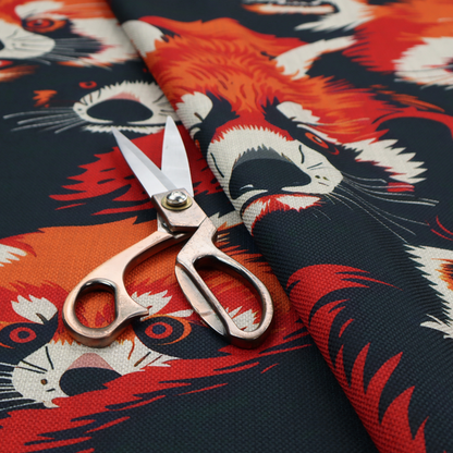 Fabric pattern featuring stylized, vibrant red pandas with white and black facial markings against a dark navy blue background.