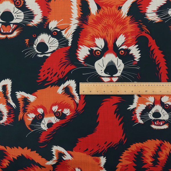 Fabric pattern featuring stylized, vibrant red pandas with white and black facial markings against a dark navy blue background.