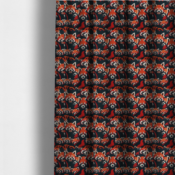 The fabric used to create these made-to-measure curtains is a stylized, vibrant red pandas with white and black facial markings against a dark navy blue background.