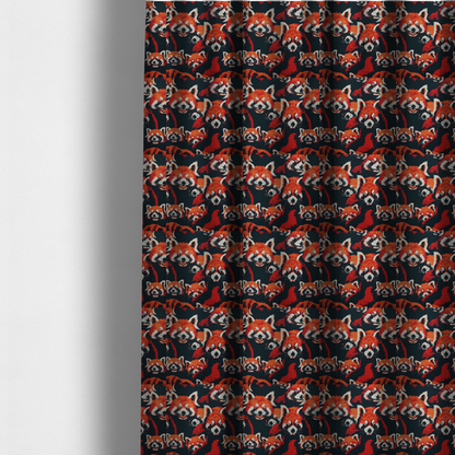 The fabric used to create these made-to-measure curtains is a stylized, vibrant red pandas with white and black facial markings against a dark navy blue background.