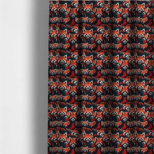 The fabric used to create these made-to-measure curtains is a stylized, vibrant red pandas with white and black facial markings against a dark navy blue background.