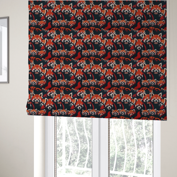 The fabric used to create these Roman blinds is a stylized, vibrant red pandas with white and black facial markings against a dark navy blue background.