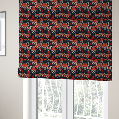 The fabric used to create these Roman blinds is a stylized, vibrant red pandas with white and black facial markings against a dark navy blue background.
