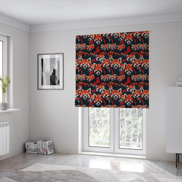 The fabric used to create these Roman blinds is a stylized, vibrant red pandas with white and black facial markings against a dark navy blue background.
