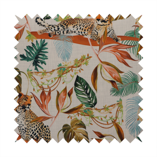 Fabric pattern featuring lounging leopards surrounded by vibrant tropical leaves, monstera fronds, and vines on a light-coloured background.