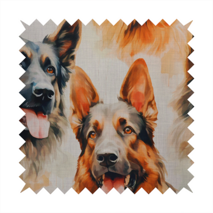 Watercolour fabric pattern featuring multiple portraits of German Shepherds with their tongues out against a light, textured background.