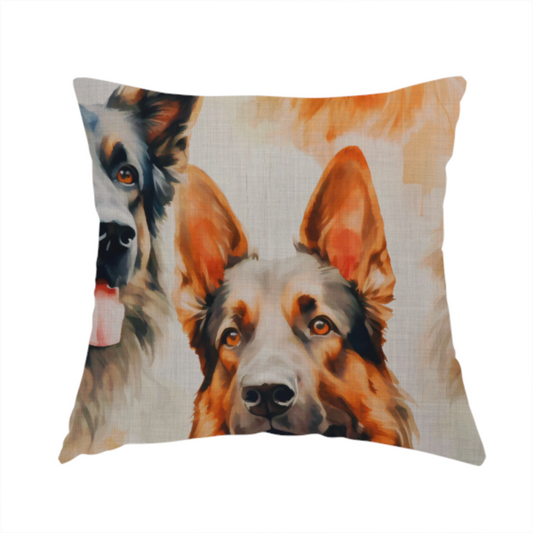 The fabric used to create this handmade cushion is a watercolour fabric pattern featuring multiple portraits of German Shepherds with their tongues out against a light, textured background.