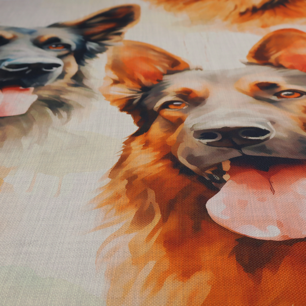 Watercolour fabric pattern featuring multiple portraits of German Shepherds with their tongues out against a light, textured background.