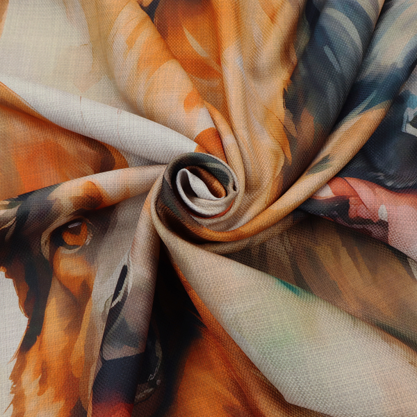 Watercolour fabric pattern featuring multiple portraits of German Shepherds with their tongues out against a light, textured background.