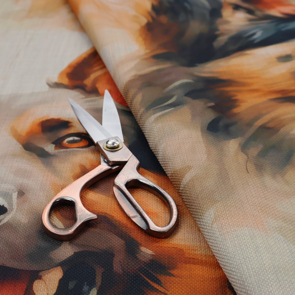 Watercolour fabric pattern featuring multiple portraits of German Shepherds with their tongues out against a light, textured background.