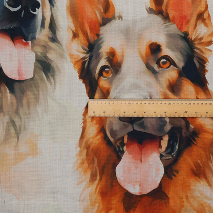 Watercolour fabric pattern featuring multiple portraits of German Shepherds with their tongues out against a light, textured background.
