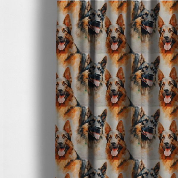 The fabric used to create these made-to-measure curtains is a watercolour fabric pattern featuring multiple portraits of German Shepherds with their tongues out against a light, textured background.