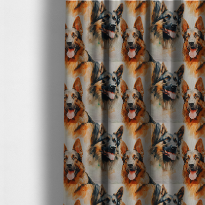 The fabric used to create these made-to-measure curtains is a watercolour fabric pattern featuring multiple portraits of German Shepherds with their tongues out against a light, textured background.
