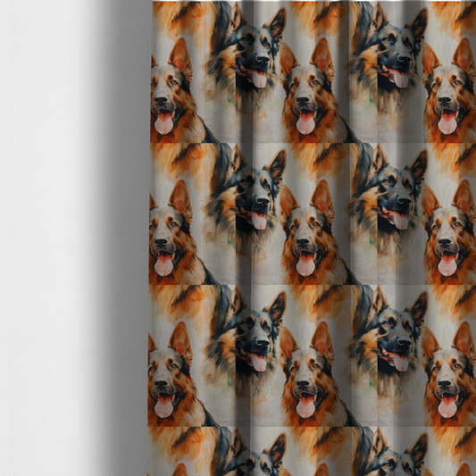 The fabric used to create these made-to-measure curtains is a watercolour fabric pattern featuring multiple portraits of German Shepherds with their tongues out against a light, textured background.