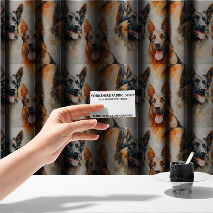 The fabric used to create these made-to-measure curtains is a watercolour fabric pattern featuring multiple portraits of German Shepherds with their tongues out against a light, textured background.