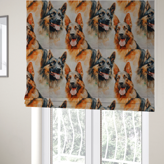 The fabric used to create these Roman blinds is a watercolour fabric pattern featuring multiple portraits of German Shepherds with their tongues out against a light, textured background.